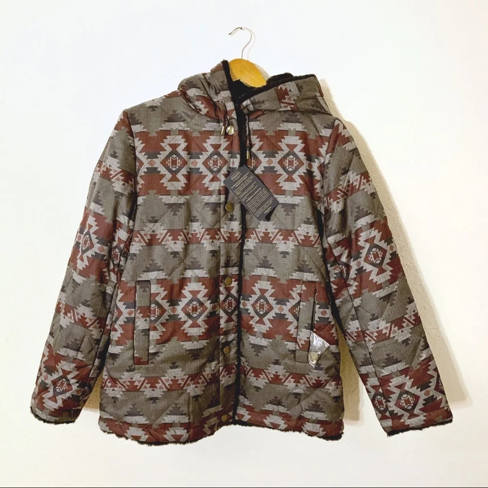 NEW ❄️ Pendleton Women Print Reversible Faux Fur Hooded Winter Coat Jacket Black - Picture 9 of 16